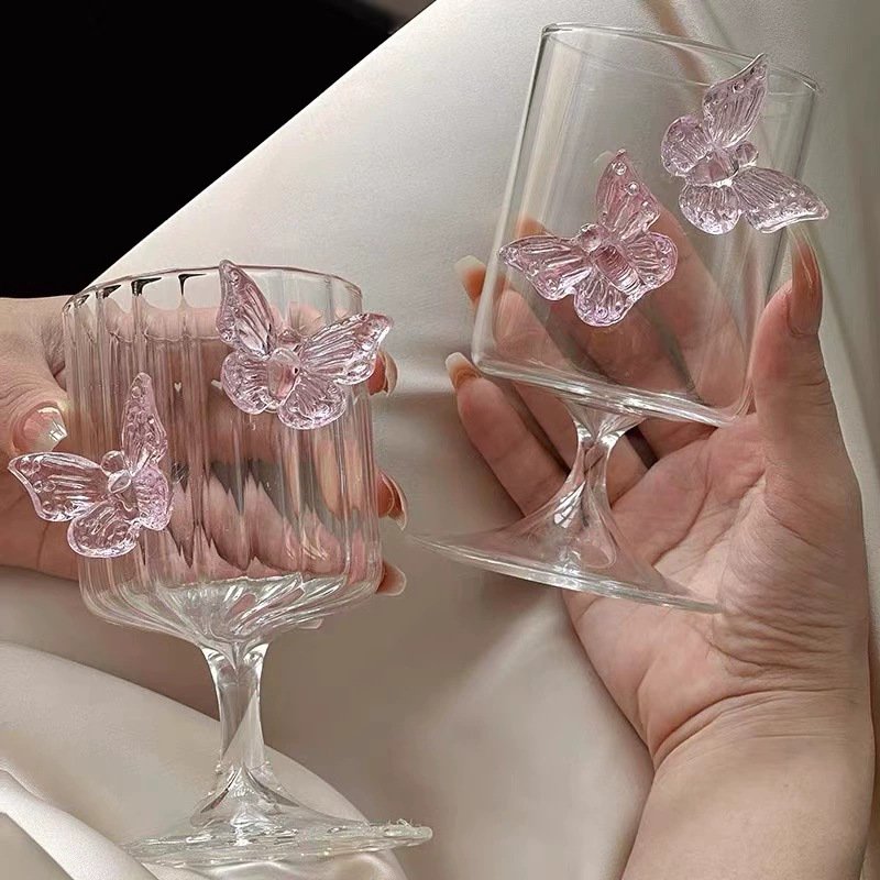 Romantic 3D Pink Butterfly Glass Goblet Elegant Striped Stemmed Wine Glasses for Valentine's Day
