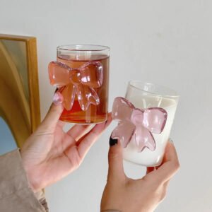 Bambus Creative Heat-Resistant High Borosilicate 300ml Juice Iced Tea Drinking Glasses Glass Cup with 3D Pink Bow