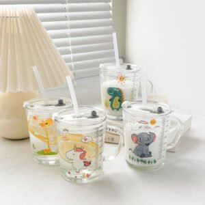 Custom 350ml Cute Cartoon Sippy Heat-resistant Clear Children's Breakfast Glass Cups Cup With Lids Handle and Straws for School