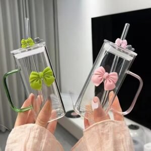 High Temperature Borosilicate Square Bowl Glass Drinkware Bowknot Transparent Drinking Cup with Handle High Color Value Juice Cup