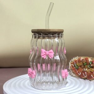 Heat Resistant Cute High Borosilicate Reusable Creative Milk Home Use Office Coffee Glass Cup With Straw Lid