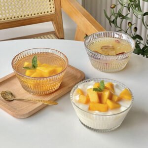 Factory Wholesale Modern Simple Stripe Transparent Round 300ml Glass Bowl Salad Bowl for Home Table Living