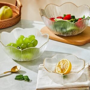 Wholesale Flower Shape Clear Salad Bowl Transparent Glass Mixing Bowl Set of 3 Gold Rim Glass Bowl