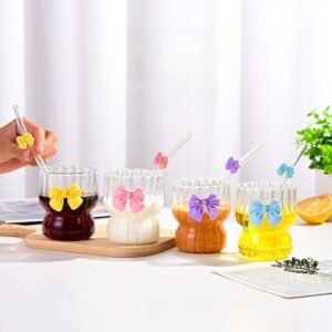 New Unique 300ml Heat-resistant Borosilicate Glass Coffee Cup Ribbed Drinking Glasses With Pink Bow Tie for Coffee Milk Tea