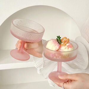 High Quality Frosted Ice Cream Cup Glass Yogurt Fruit Mousse Pink Goblet Embossed Bowl