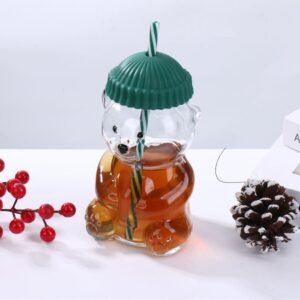 Cute Bear Glass Straw Cup Cold Coffee Tumbler Mug Limited Edition Holiday Teddy Bear Glass Cup with Hat Lid and Straw