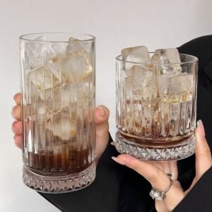 Hot-selling thick-bottomed glass coffee mug, retro striped glass iced latte mug