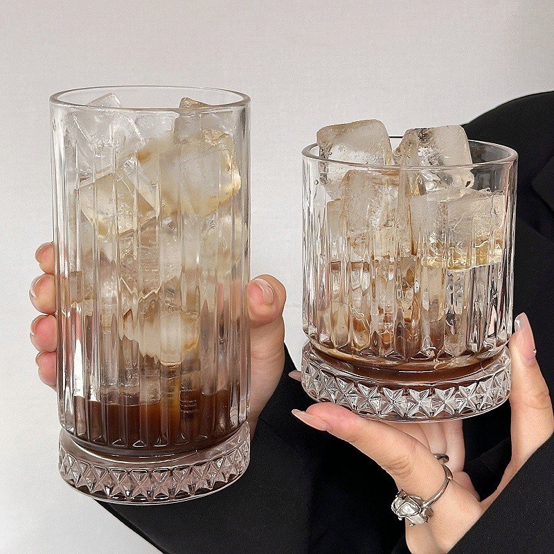 Hot-selling thick-bottomed glass coffee mug, retro striped glass iced latte mug